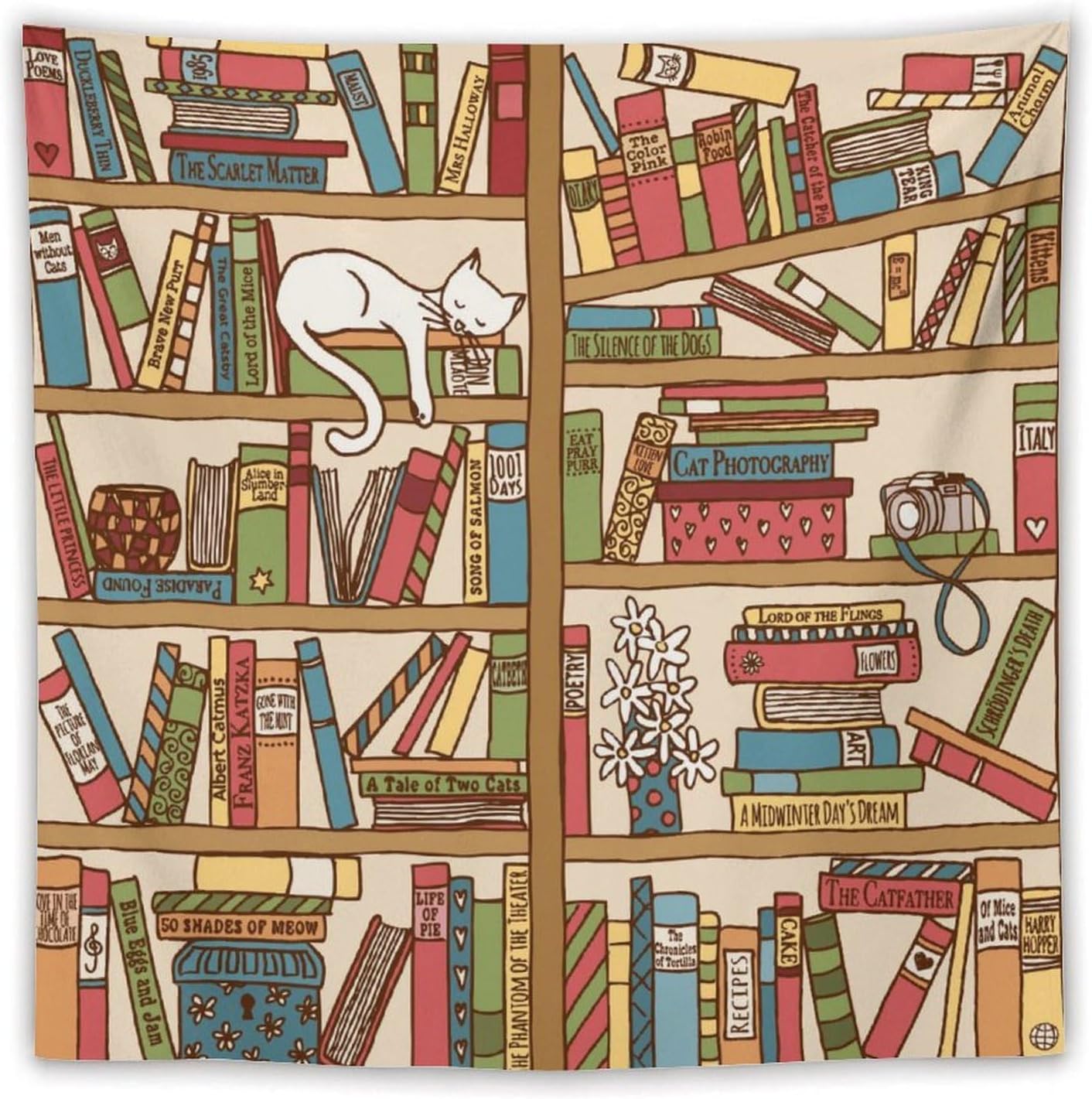 Kurtect Bookshelf Tapestry,Cute Cartoon Cat Sleeping Library Theme Pattern Print Tapestries for Party Beach Picnic Blankets Tablecloths Living Room Wall Deocr, 60x60 in