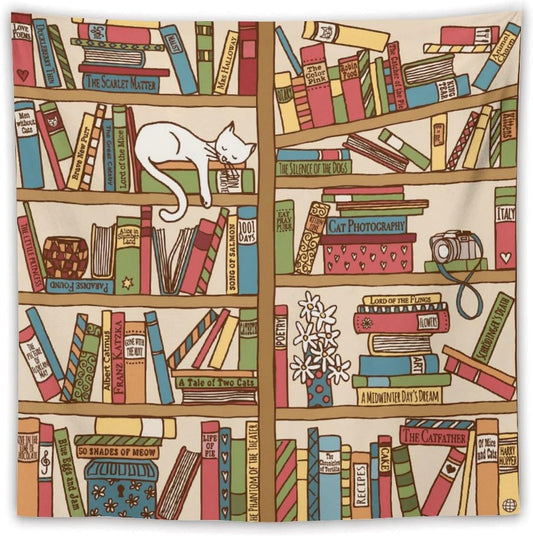 Kurtect Bookshelf Tapestry,Cute Cartoon Cat Sleeping Library Theme Pattern Print Tapestries for Party Beach Picnic Blankets Tablecloths Living Room Wall Deocr, 60x60 in