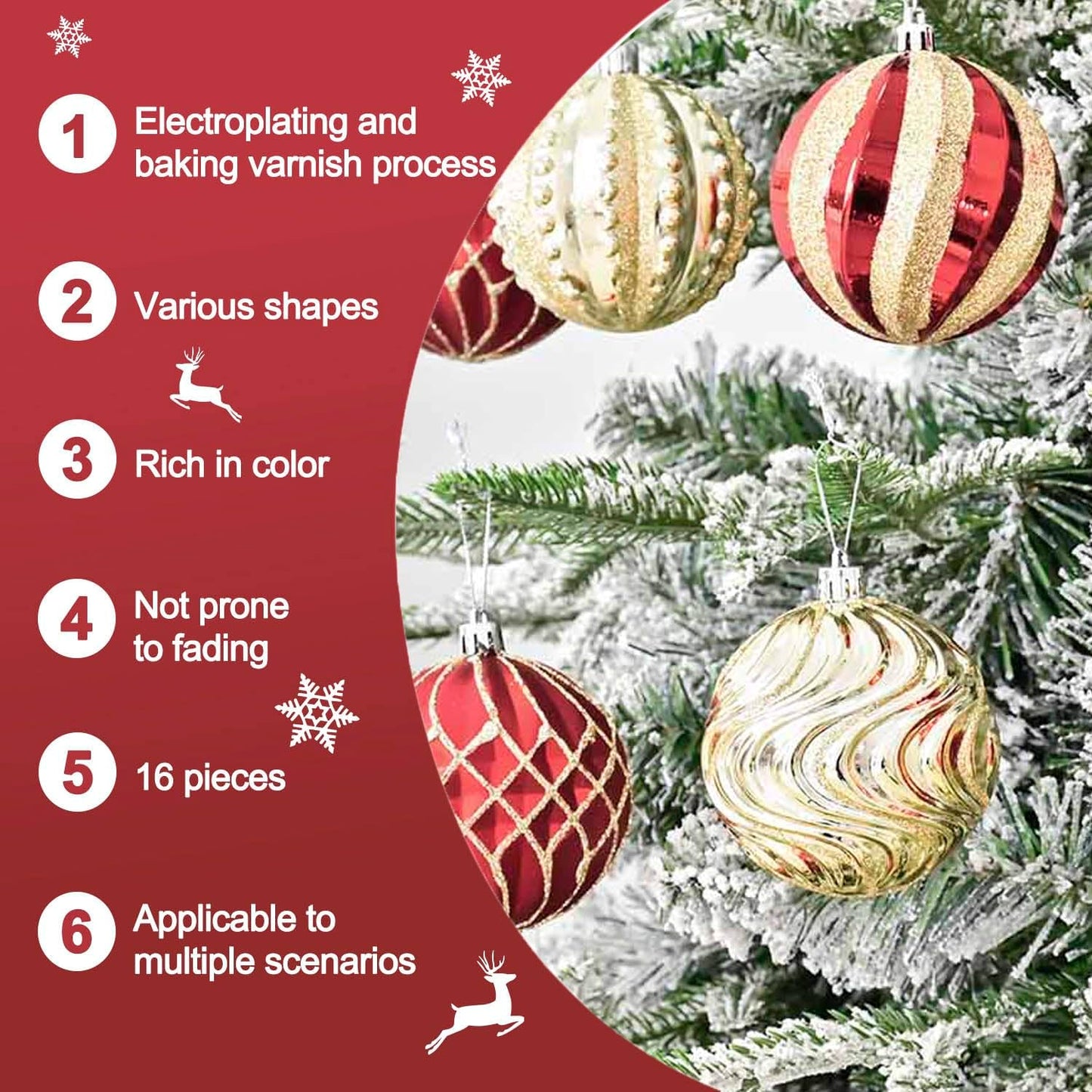 Christmas Ball Ornaments 16ct Set, Red and Gold Classic Luxury 3.15 Inch Christmas Tree Decorations, Shatterproof Hanging Ornaments for Xmas Holiday Decorations