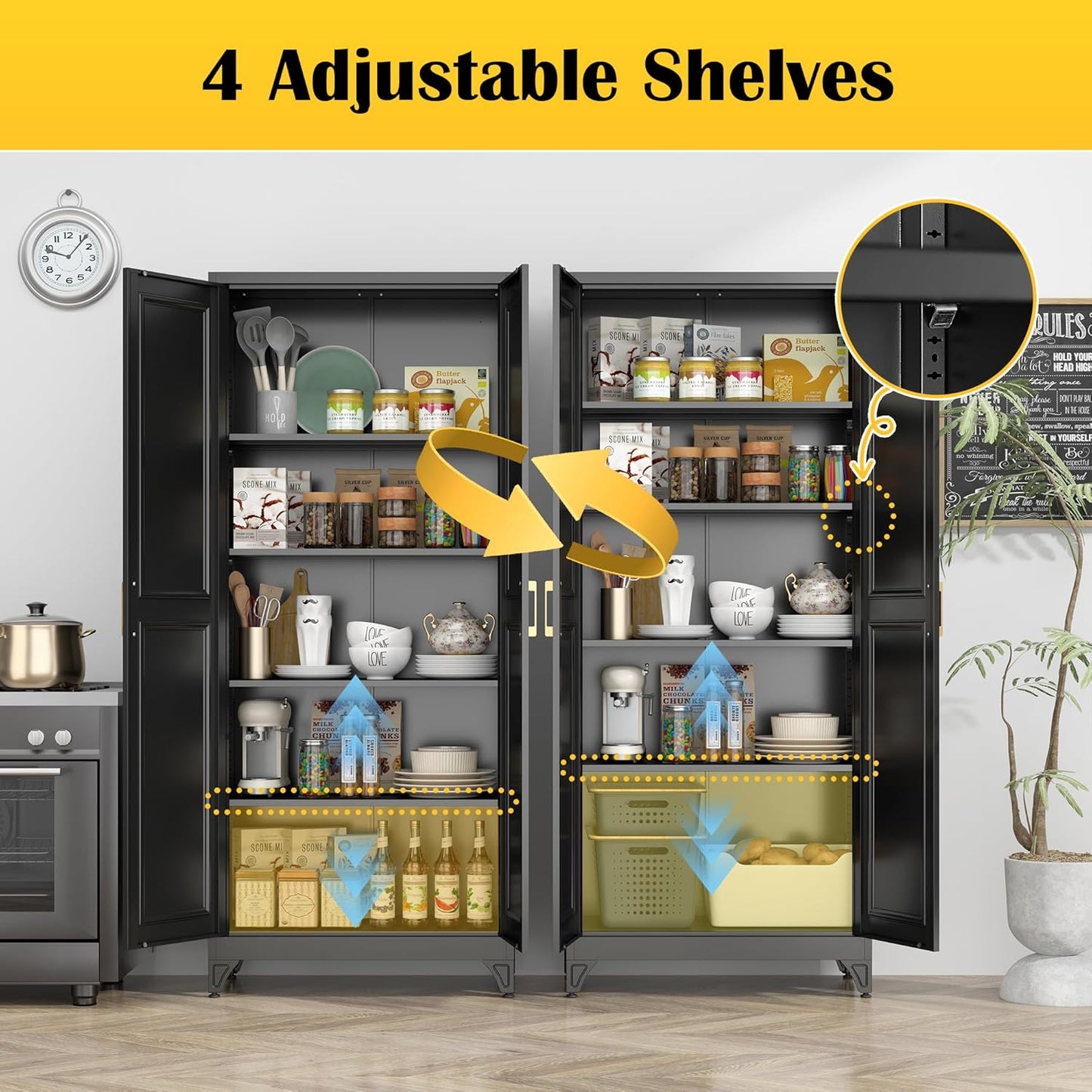 Kitchen Pantry Cabinet,75”Black Metal Storage Cabinets with Doors and 4 Adjustable Shelves,Kitchen Cabinet with 2 Gold Handles,Tall Cabinet for Livingroom, Bathroom