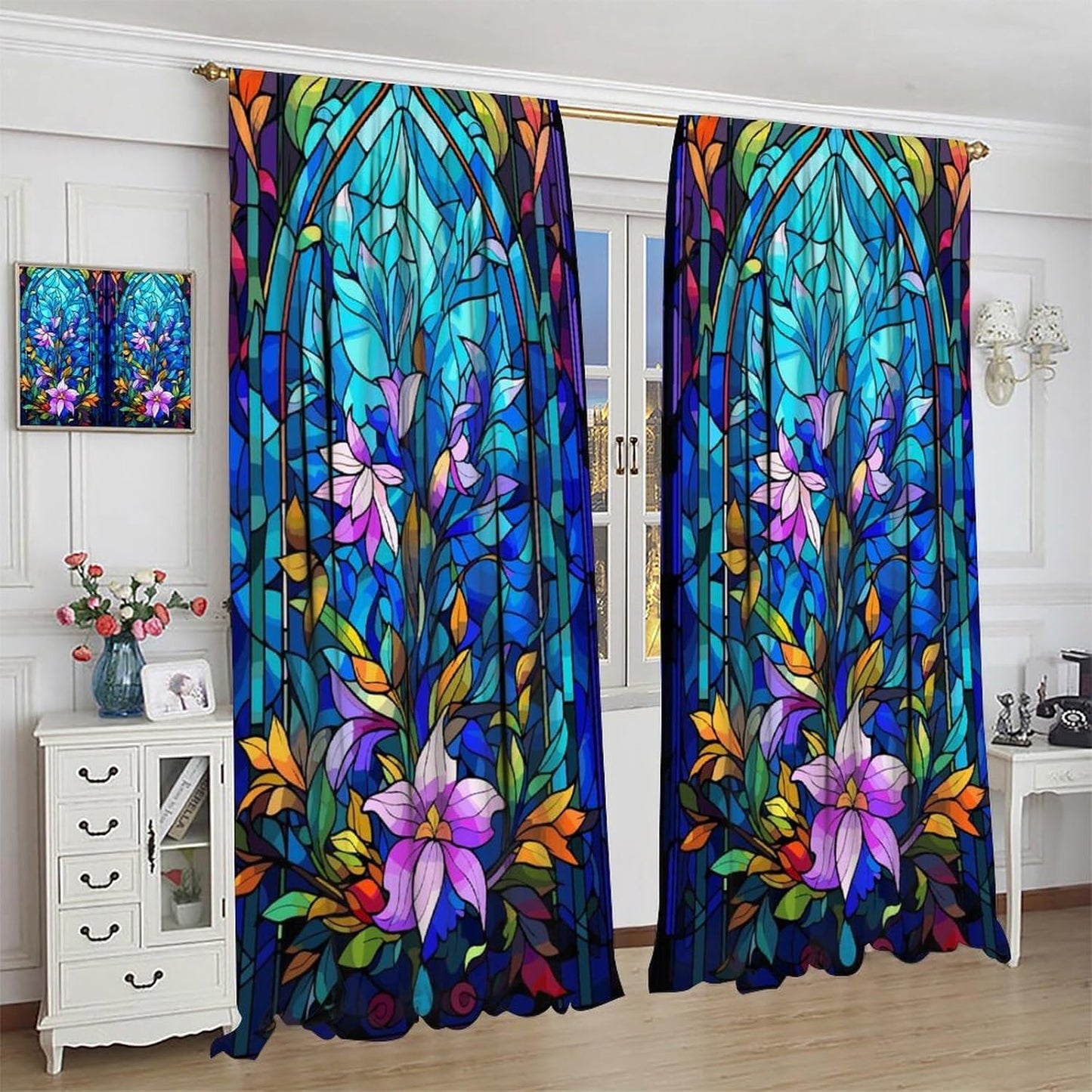 Stained Glass Curtains,Abstract Colorful Floral Geometric Art Home Decor Drapes for Bedroom Living Room Kitchen Window Treatment 2 Panels Set Total Size 42" W X 45" L Inch