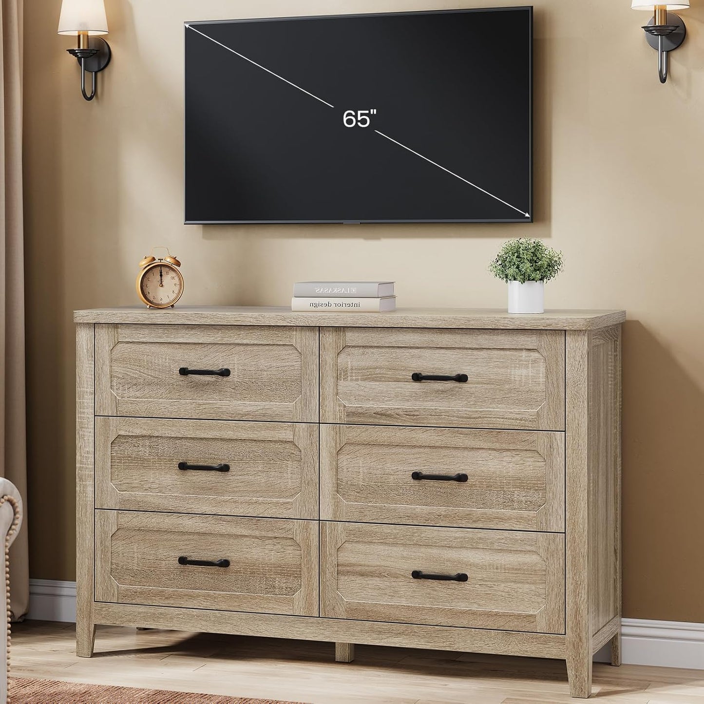 Farmhouse 6 Drawer Dresser for Bedroom, 48'' Wide Chest of Drawers with Metal Handles, Wood Dresser TV Stand, Rustic Storage Organizer for Closet, Living Room, Grey Oak