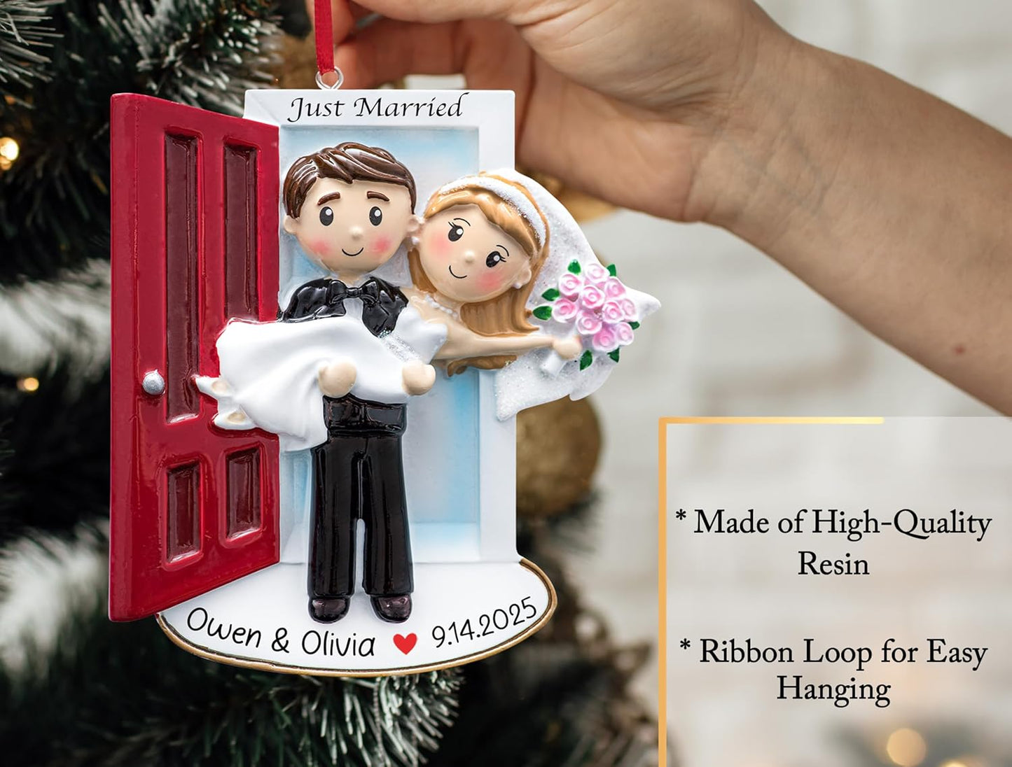 Personalized Our First Christmas Married Ornament 2026 | Customized Wedding Couple Threshold, Groom Carrying Bride for Xmas Tree | Just Married Newlyweds Marriage Keepsake | Custom Name Year