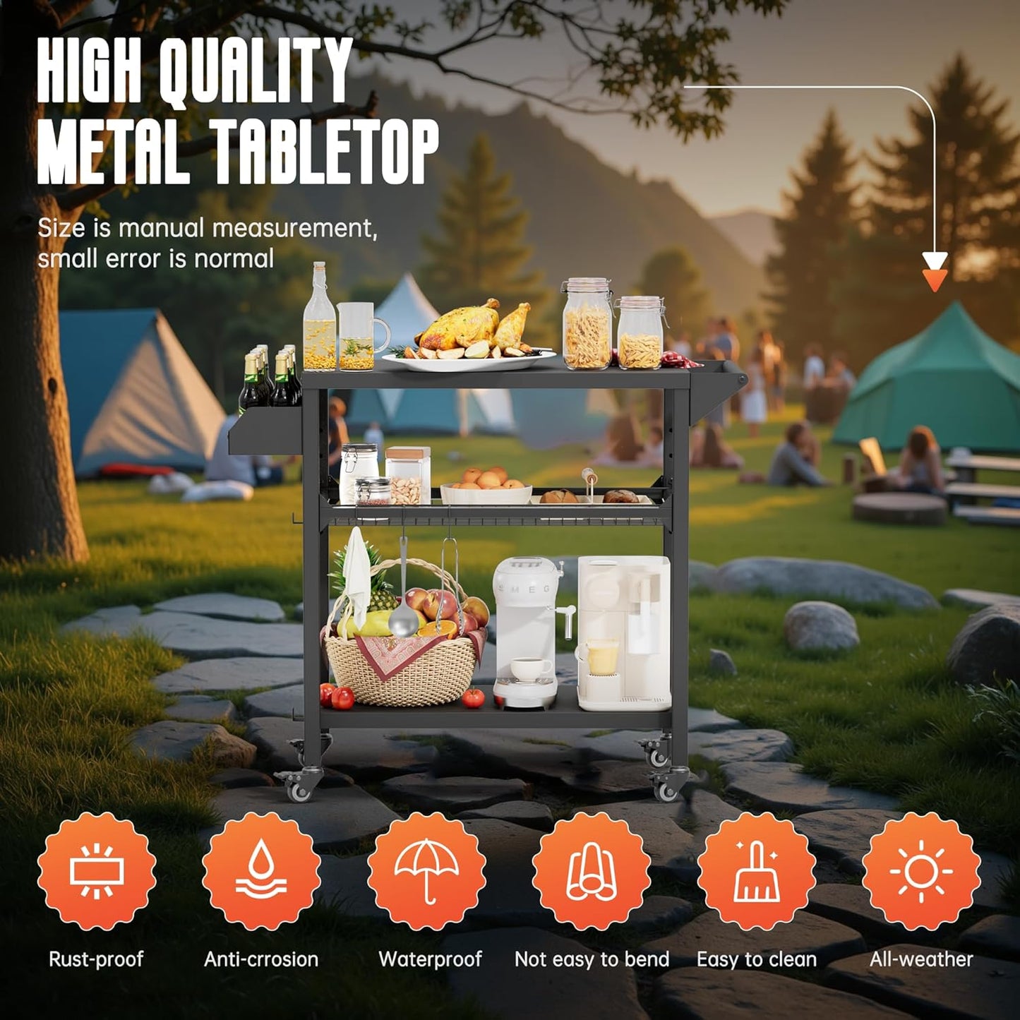 SUNCROWN Outdoor Grill Table with Wheels, Kitchen Cooking Prep Tables Movable BBQ Grill Cart for Garden, Camping, Home Party, Bar, Pizza Oven Table Stand