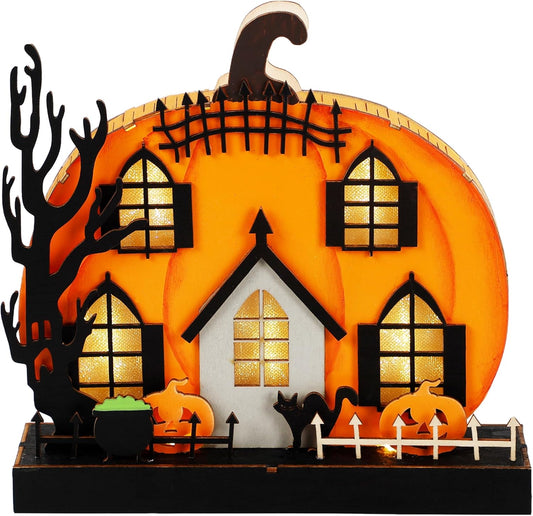 Lulu Home Halloween Tabletop Decoration, Wooden Lighted Pumpkin House Decoration Ornaments, Battery Operated Halloween Sign Indoor Fireplace Desk Kitchen Table Ornament, 9 x 9 x 2.1 INCH