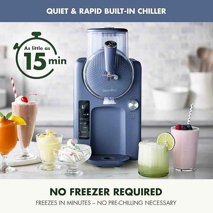 GreenPan Frost Ice Cream Maker & Slushie Machine, Soft Serve, Sorbet, Margaritas, Milkshakes, Frozen Yogurt, No Pre-Freezing, Ready in 15 Mins, 6 Modes, 7 Textures, Self-Cleaning, Family Size, Blue