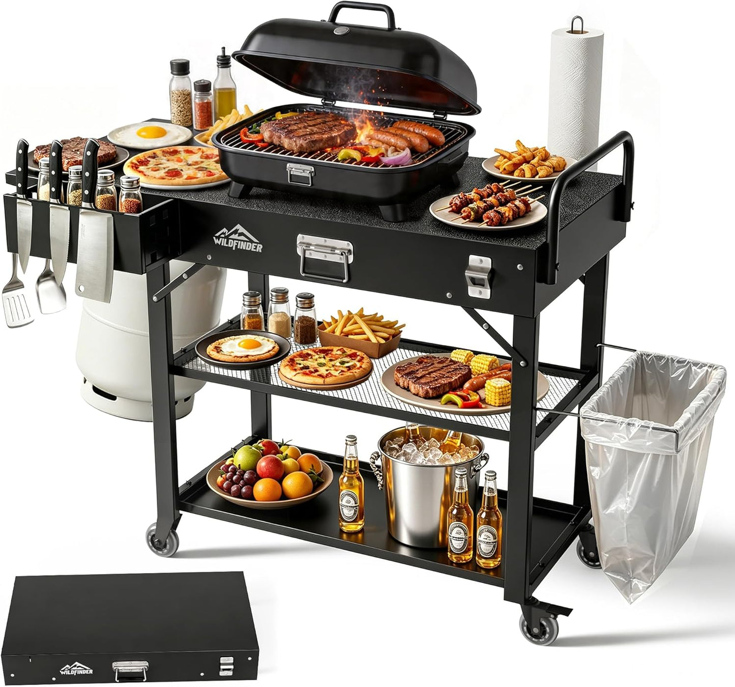 Grill Cart for Blackstone Griddle, Foldable Outdoor Grill Table with Wheels for Ninja, Pizza Oven Stand Grill Stand Fit 17 or 22 Inch Tabletop Griddle, Portable BBQ Prep Station with Tool Hooks