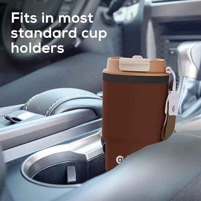 Insulated 16oz Stainless Steel Tumbler Mug Leakproof Double Walled Vacuum Thermal Coffee Cup with 2-in-1 Straw & Lid, Cupholder-Friendly Travel Mug for Hot & Cold Drinks (Brown)
