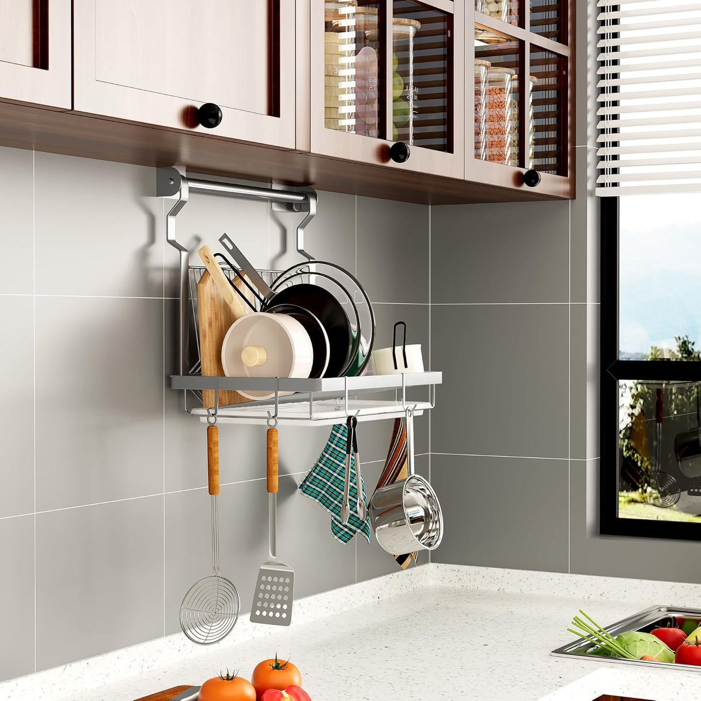 TQVAI Over Sink Dish Drainer Drying Rack, Stainless Steel Foldable Wall Mounted Dish Racks with Drainboard Hanging Rod and Sponge Holder, Silver