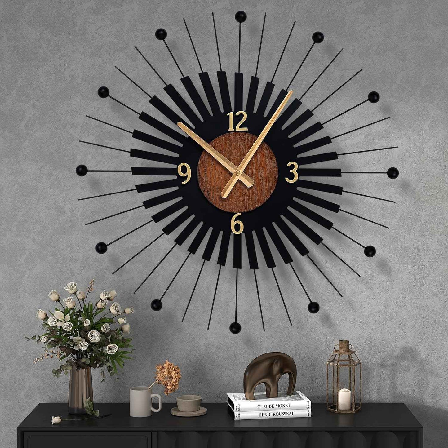 22 Inch Modern Sunburst Wall Clock Battery Operated, Black Metal Radiating Design with Walnut Wood Center, Silent Quartz Movement, Gold Hands – Decorative Clocks for Living Room, Office, Bedroom