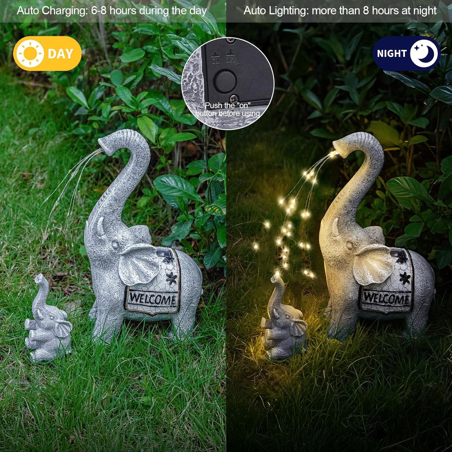 RM ROOMERS Elephant Garden Decor, 2 PCS Elephant Sculptures for Outdoor Resin Solar Elephant Statues Watering, Elephant Decor for Yard, Animal Statues for Patio, Birthday Gifts for Women