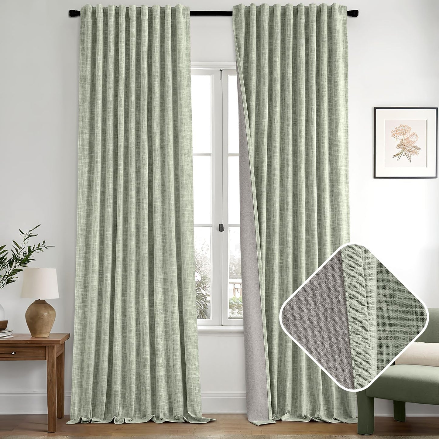 MIULEE Sage Green 100% Blackout Linen Curtains 90 Inch 2 Panels Set Double Sided No Coating Pleated Back Tab Black Out Long Thermal Insulated Pinch Pleat Bedroom Living Room Darkening Window Drapes