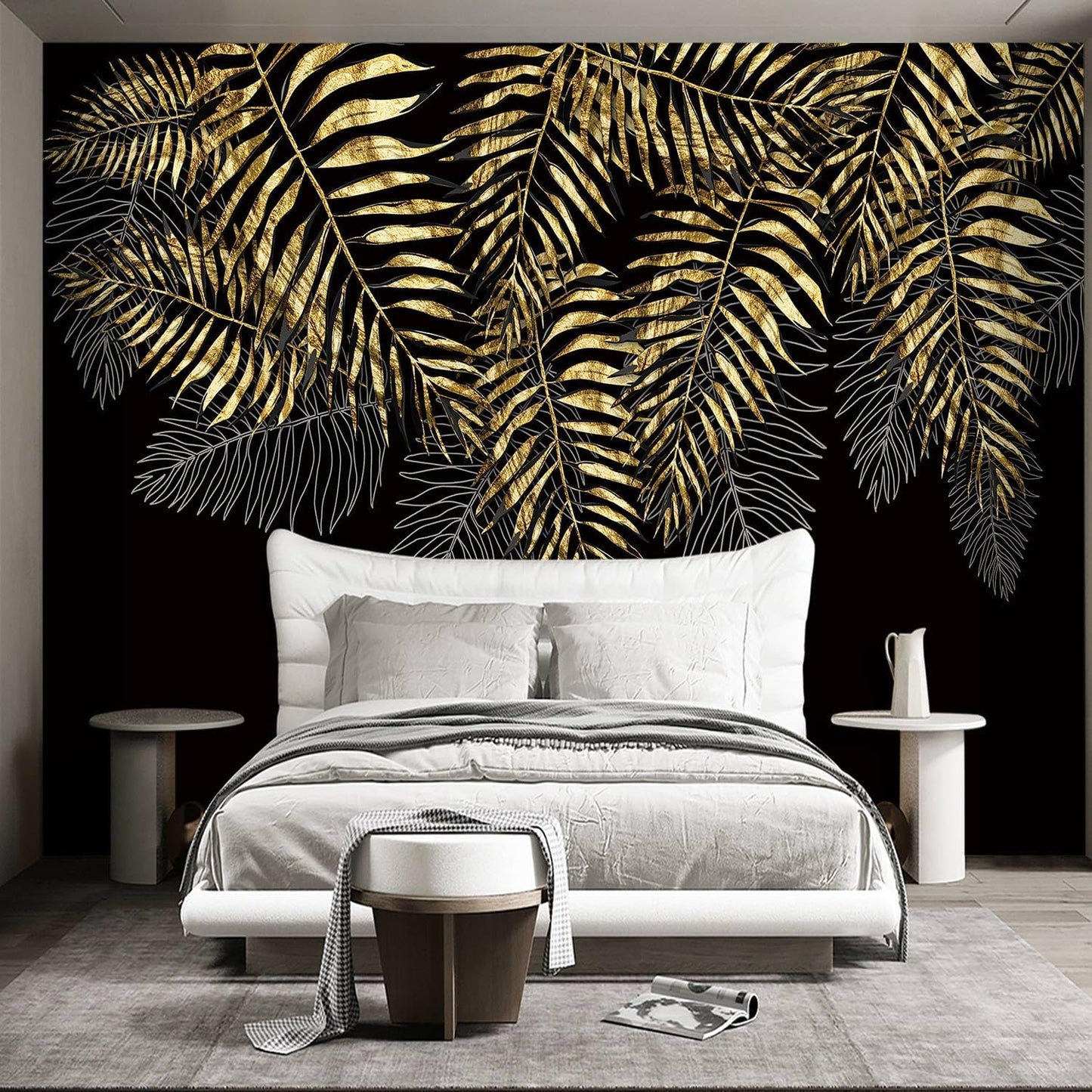 Black and Gold Leaf Mural Bedroom Tropical Botanical Wallpaper Room Plant Decor Living Room tv Background Large Wall Mural - 160"x108" (Not Peel and Stick)