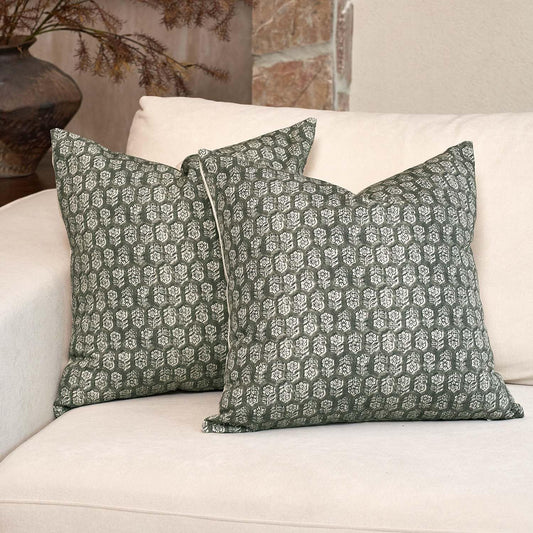 DOMVITUS Floral Pillow Covers Set of 2, Throw Pillow Covers 18x18, Floral Print Neutral Accent Decorative Pillow Covers for Living Room, Bed, Mineral Green