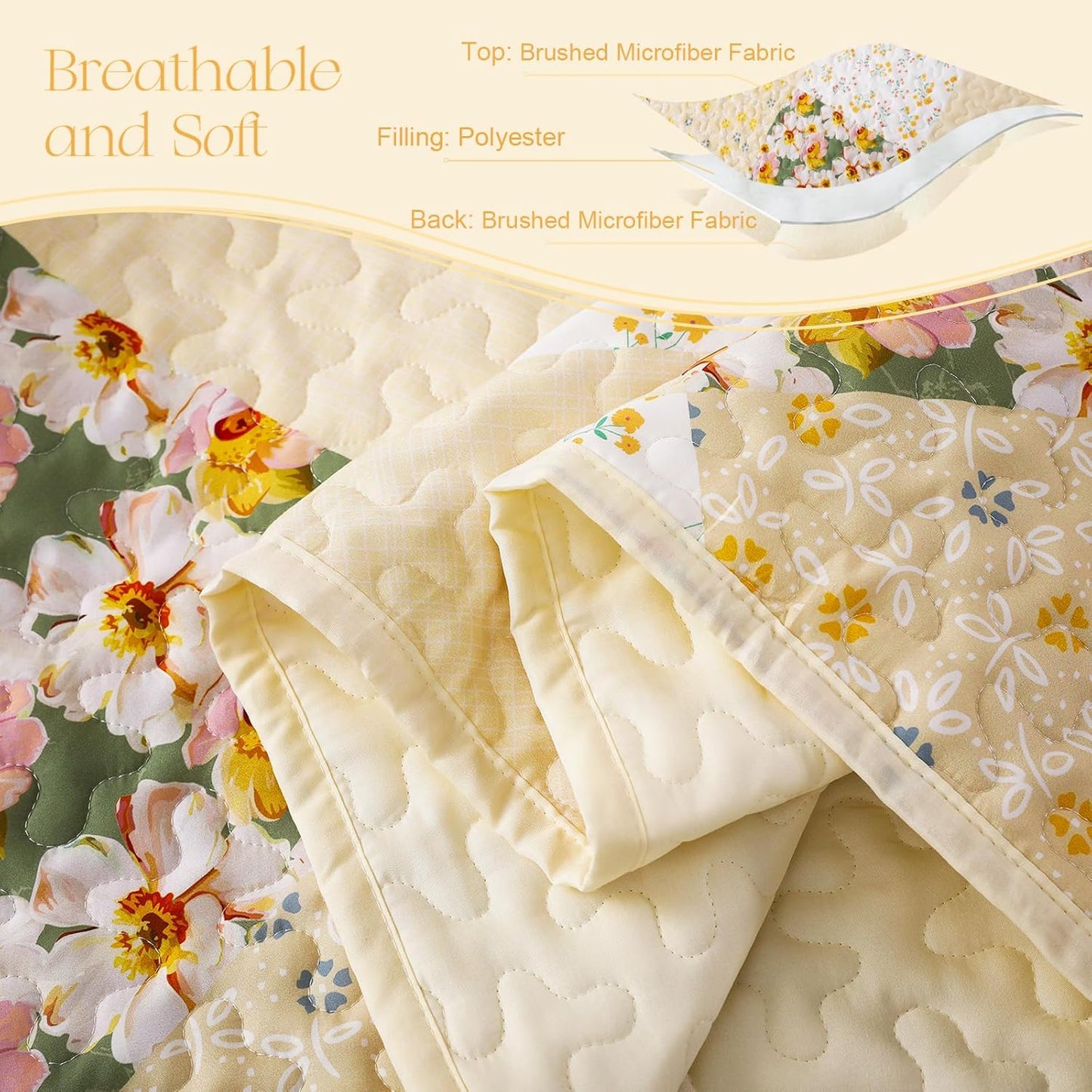 Exclusivo Mezcla Reversible Boho Quilt Set Queen Size, 3 Pieces Patchwork Yellow All Season Bedspreads, Ultra Soft Floral Coverlet Bedding Set with Printed Pattern (1 Quilt, 2 Pillow Shams)