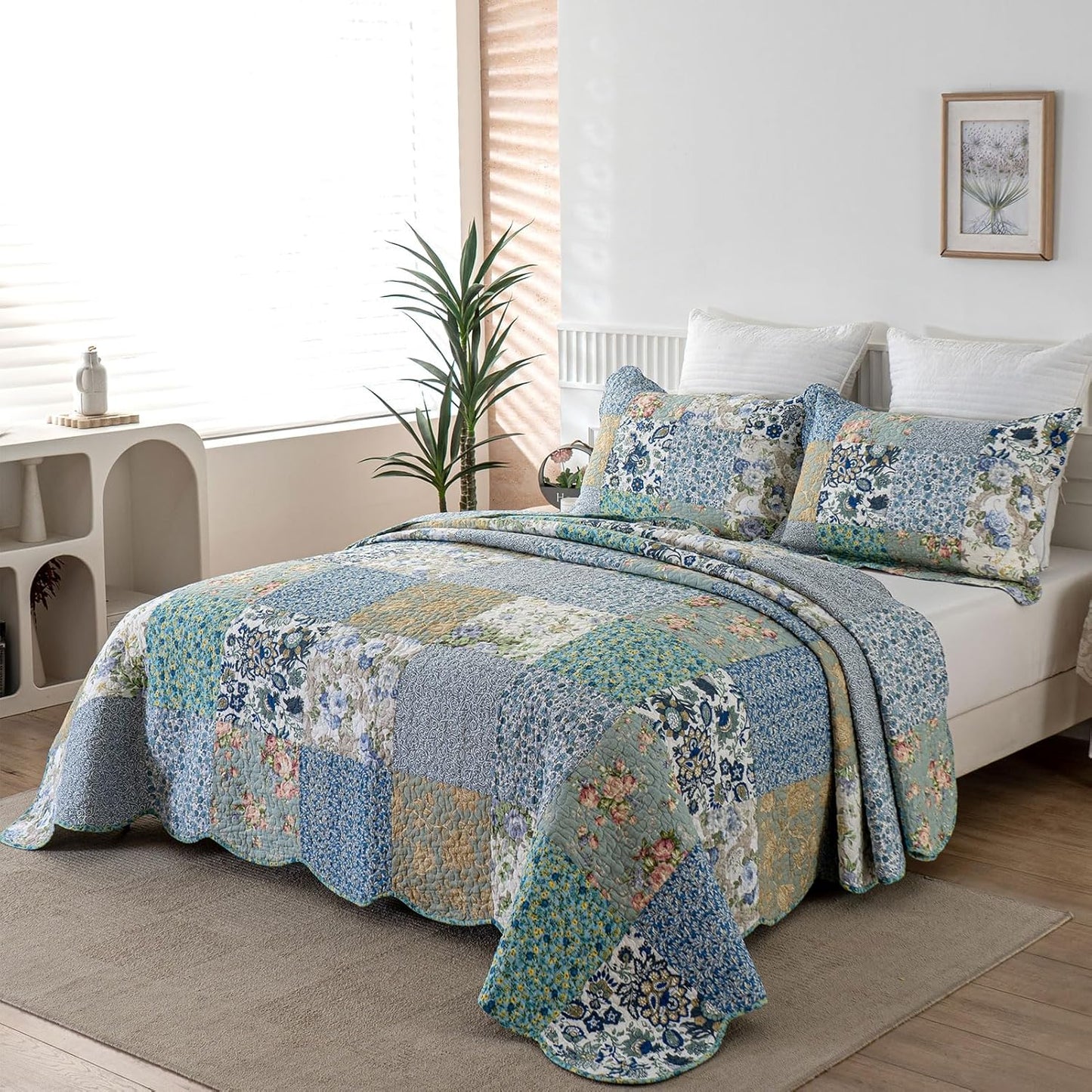YAYIDAY Quilt King Size Patchwork Bedspread Set - 100% Cotton Reversible Breathable Floral Quilted Quilt with Pillow Shams Fit All Season