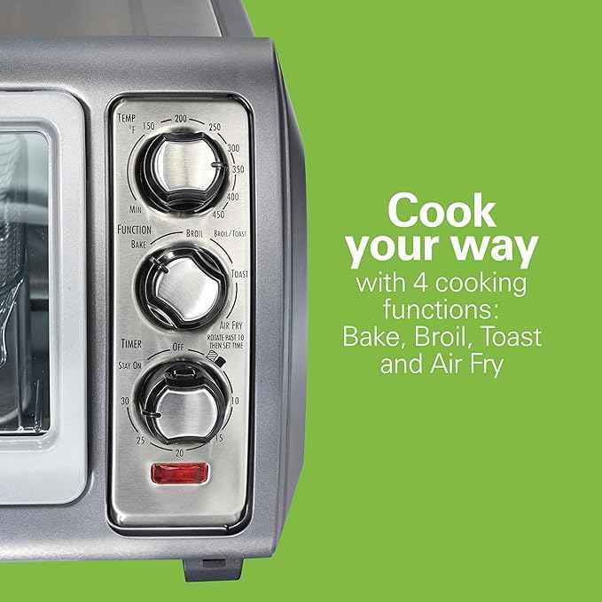 Hamilton Beach Air Fryer Toaster Oven Combo with Large Capacity, Fits 6 Slices or 12” Pizza, 4 Cooking Functions for Convection, Bake, Broil, Roll-Top Door, Easy Reach Sure-Crisp, Stainless Steel