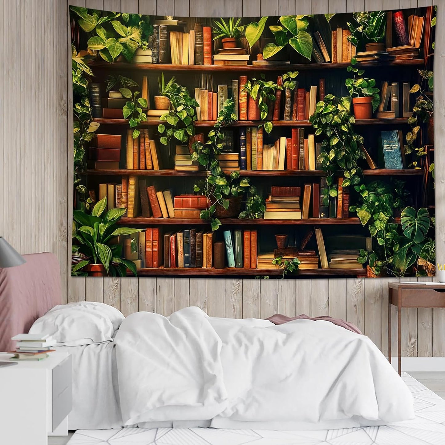 HVEST Botanical Bookshelf Tapestry Wall Hanging Book Shelf Green Plant Tapestry for Bedroom Vintage Retro Library Book Wall Art Tapestries for Living Room College Dorm Party, 40L X 60W inches