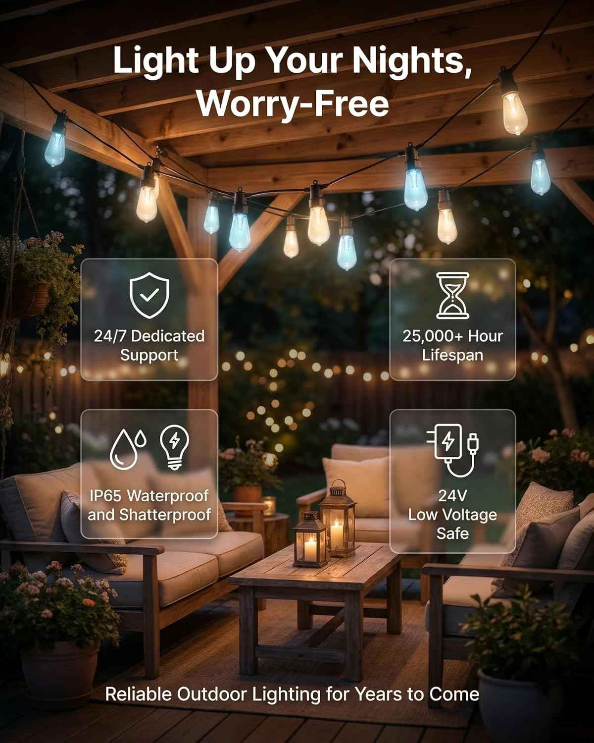 50FT Smart Outdoor String Lights, Color Changing ST48 Multi-color LED Patio Lights with Music Sync, Magic Lantern App & Remote, IP65 Waterproof Shatterproof Outdoor Lights for Cafe Bistro Backyard