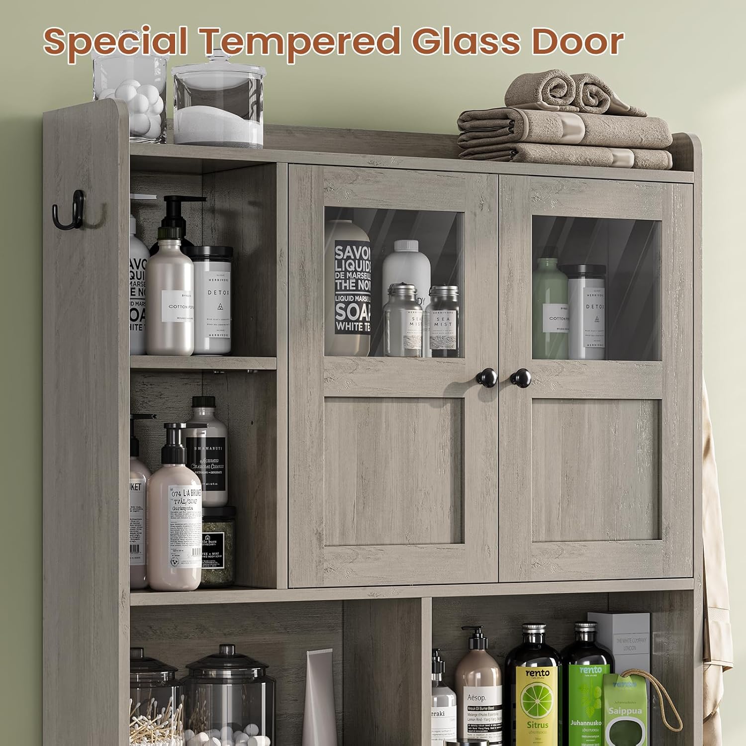 Itaar Over The Toilet Storage Cabinet, Over Toilet Bathroom Organizer with Glass Doors & Toilet Paper Holder Stand, Home Space-Saving Toilet Rack, for Bathroom, Restroom, Laundry, Grey - Lumora Casa