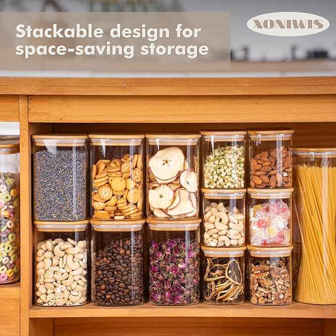 51oz 3PCS Glass Storage Container with Wood Lid for Kitchen Organization, Food Storage Pantry Jar with Airtight Lids for Cereal, Oat, Pasta, Flour, Rice, Sugar, Tea, Coffee, Cookie, Candy