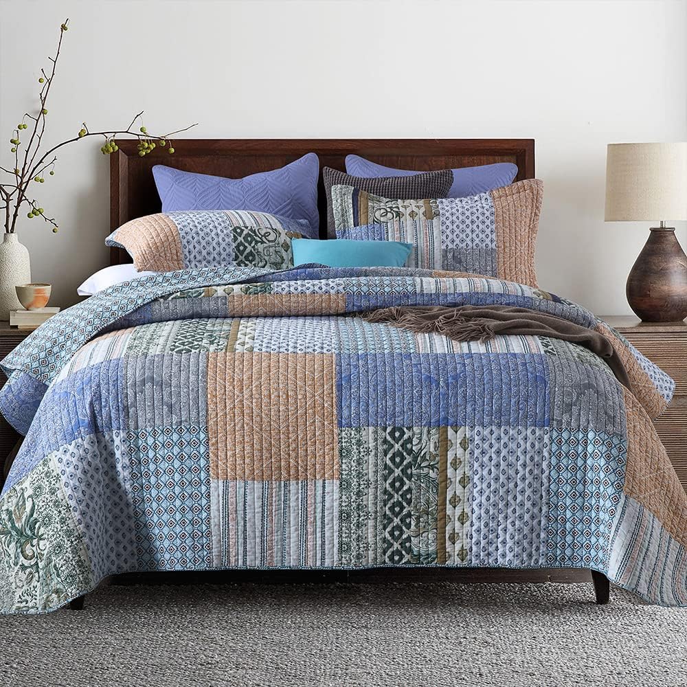 Cotton Bedspread Quilt Sets 3 Pieces Reversible Coverlet Sets Comforters Blue Bohemian Paisley Patchwork Bedspread, King Size