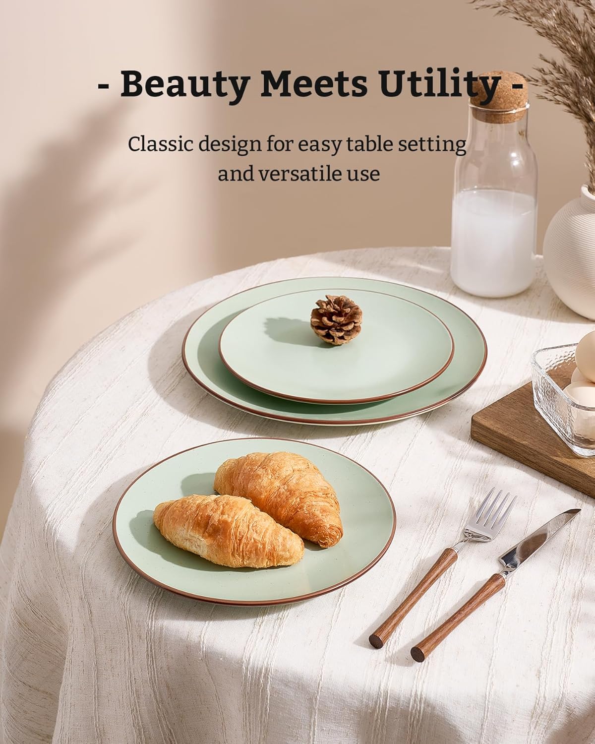 Famiware Venus Plates and Bowls Sets, 18 Pieces Stoneware Dinnerware Sets, Speckled Dishes Set for 6, Microwave and Dishwasher Safe, Matte Light Green