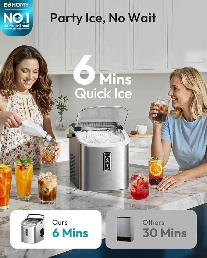 EUHOMY Ice Maker Countertop, 9 Cubes Ready in 6 Mins, 26lbs/24H, Self-Cleaning, Portable Ice Maker Machine with Carry Handle, Basket and Scoop, 2 Sizes of Bullet Ice for Home, Kitchen, Office