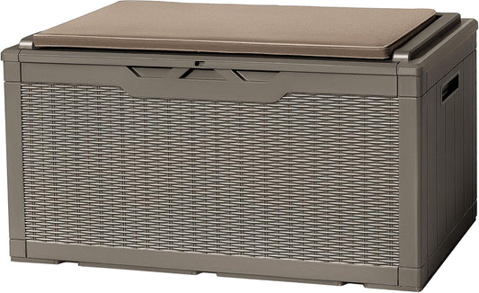 Flamaker Deck Box with Cushion 100 Gallon Waterproof Resin Storage Box with Air Rod Indoor Outdoor Lockable Storage Bench for Patio Furniture, Tools, Pool Accessories (Brown)