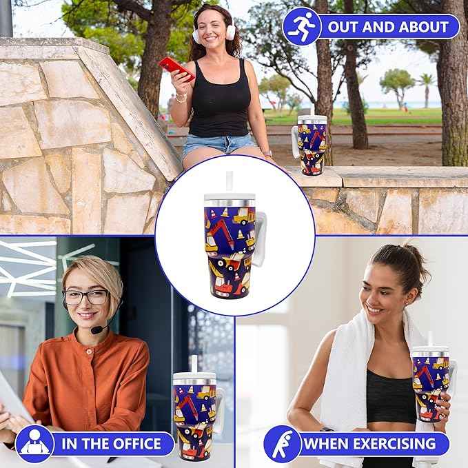 2PCS 20-OZ Insulated Water Bottle,Insulated Stainless Steel Tumbler,Reusable Cold Drink Thermos,BPA-Free, Double-Wall Stainless Steel Water Bottle (Dark Blue-Construction Trucks, 20, Fluid Ounces)