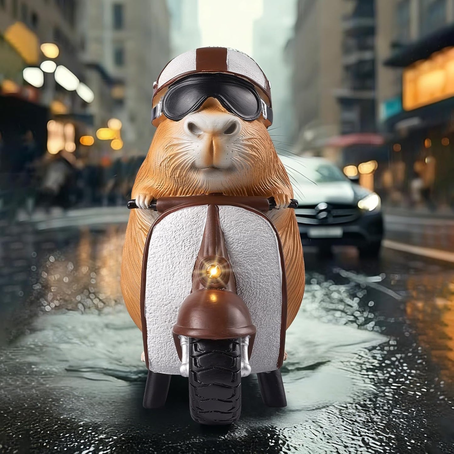 Capybara Solar Outdoor Figurine Light, Capybara Riding Motorcycle Garden Statue with LED Headlight, Waterproof Solar Powered Lawn Decor for Yard Patio Porch, 8.6” x 4.7” x 9.4”