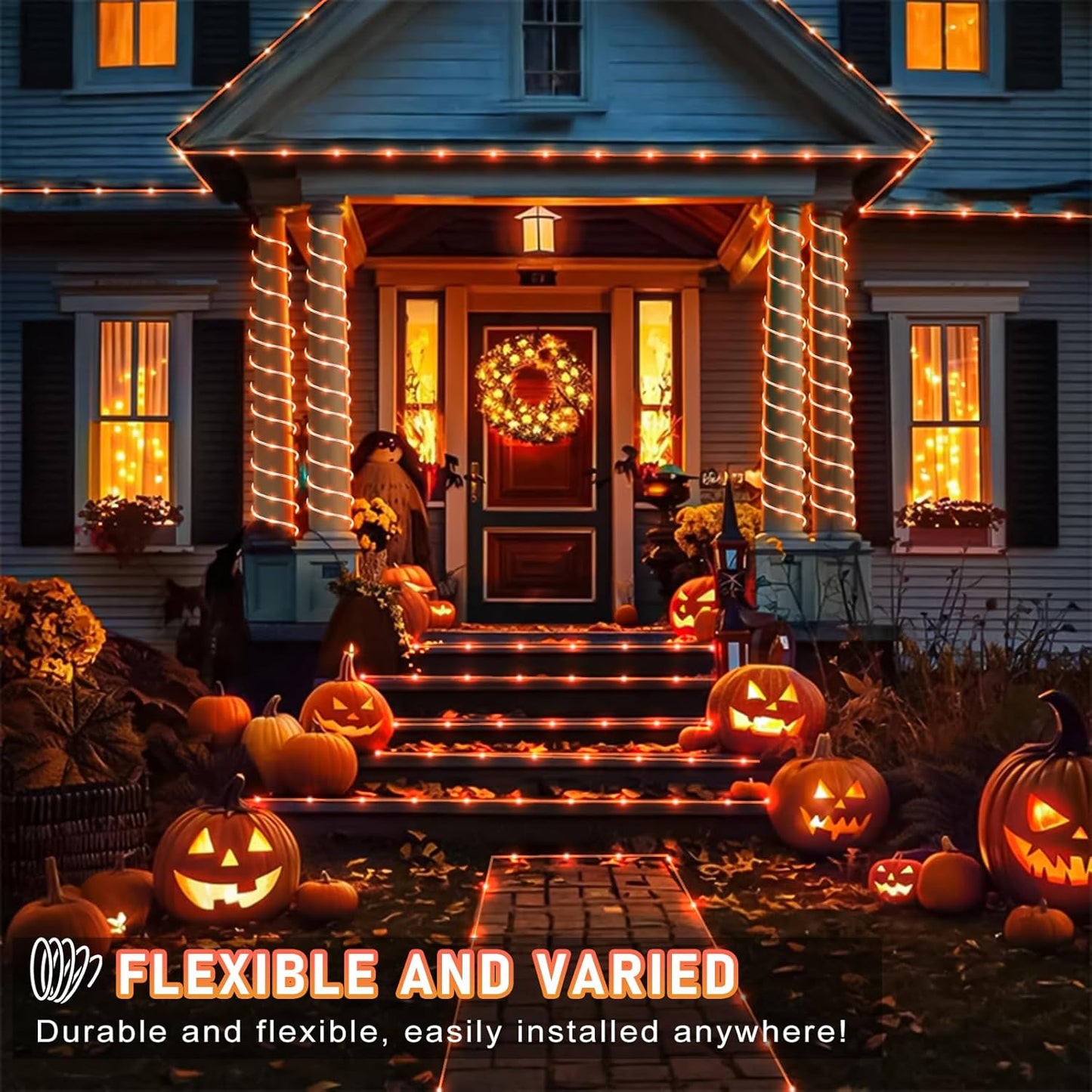 Orange Halloween Lights, 66FT 200 LED Rope Lights for Outside Waterproof with 8 Modes, Connectable Tube String Lights for Indoor, Garden, Backyard, Patio, Deck, Pool, Tree Decorations