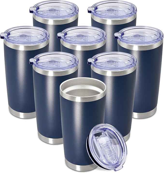 20 oz Tumbler Coffee Travel Tumblers Bulk with Lid Stainless Steel Double Wall Vacuum Insulated Mug Powder Coated Cups fit Car Cupholder for Hot and Cold - Navy, 8Pack