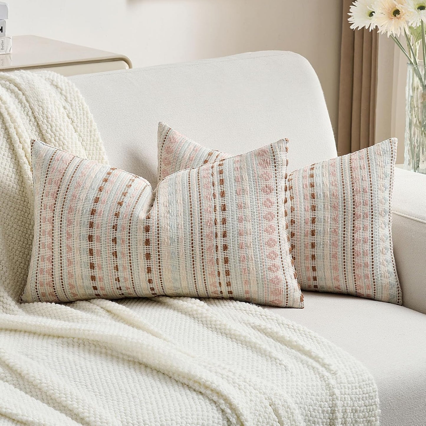 FUTEI Pink Blue Decorative Throw Pillow Covers 12x20 Inch Set of 2,Soft Cozy Chenille Jacquard Textured Pillow Case,Boho Home Decor for Couch Bed Living Room