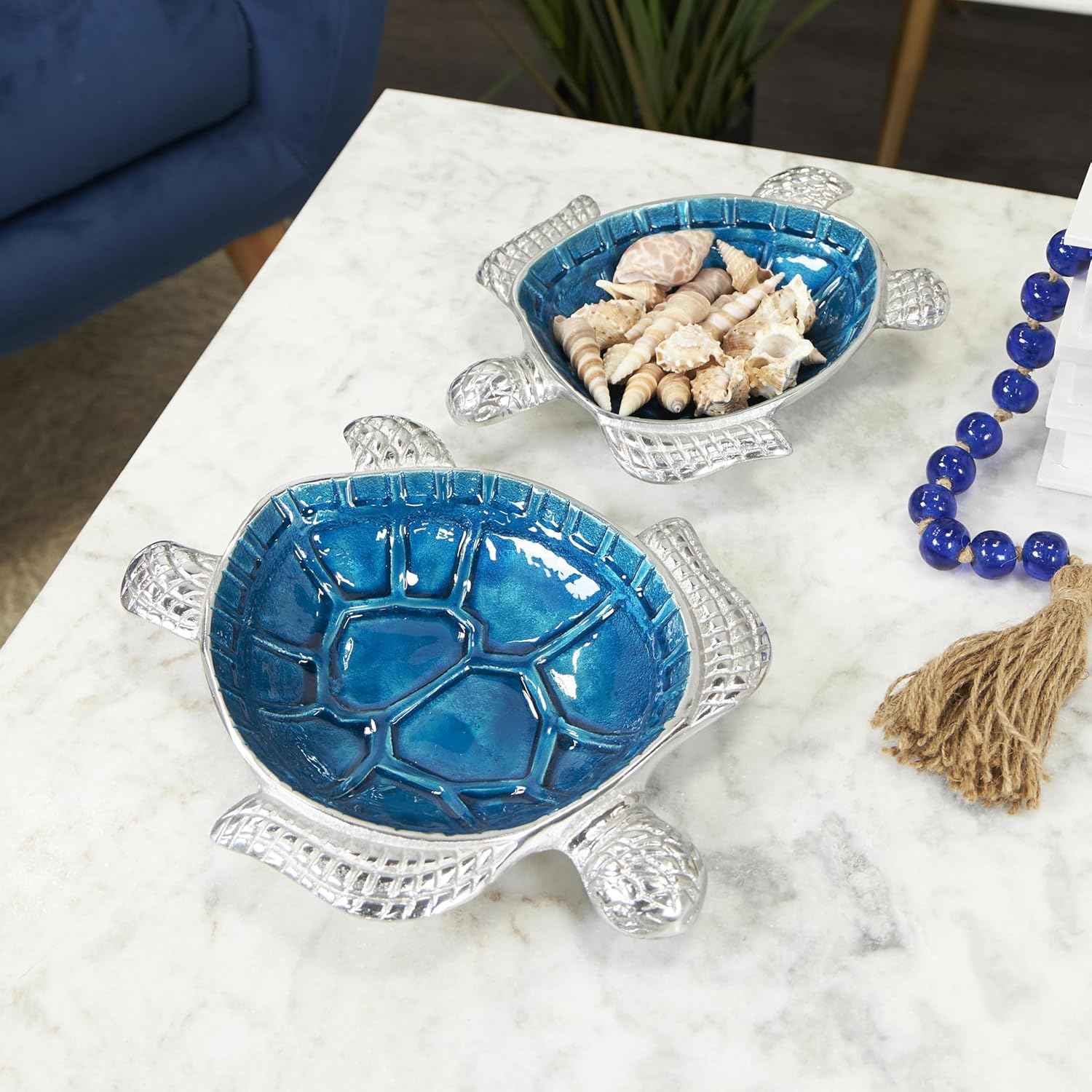 Deco 79 Aluminum Metal Turtle Decorative Bowl Decorative Bowl Enameled Decorative Containers with Silver Metal Exterior, Set of 2 Decorative Keepsake Boxes 10", 8"W, Blue