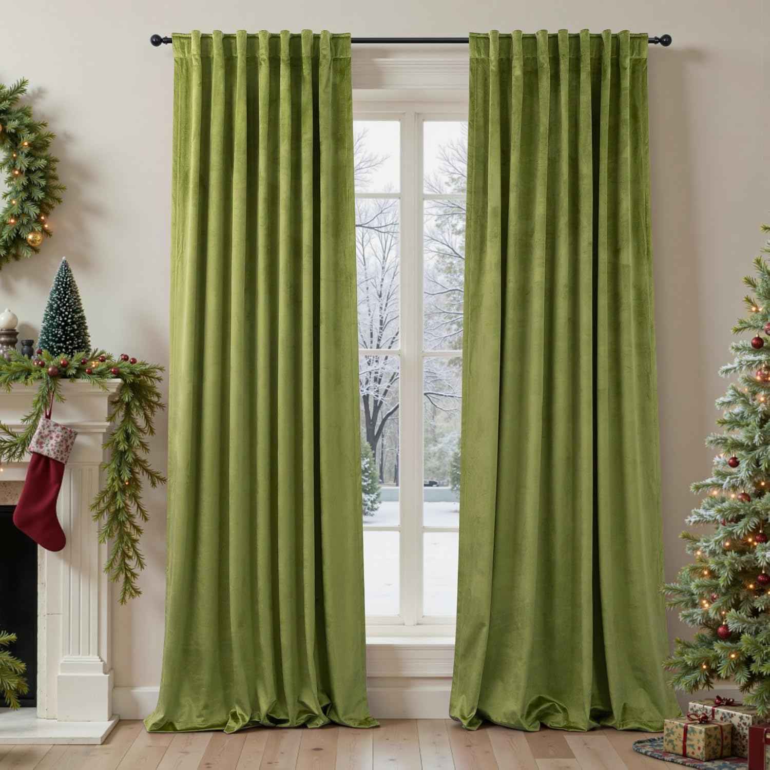 Moss Green Velvet Curtains 84 Inch Long 2 Panel Thick Soft Luxury Sage Olive Green Curtain for Living Room Darkening Thermal Insulated Privacy Drape Bedroom Sliding Door 52x84 Floor Length Back Tab