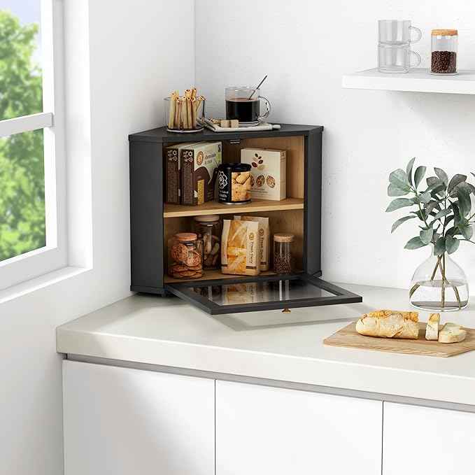 Goozii Corner Bread Box for Kitchen Countertop, Black Bread Storage Container for Homemade Bread, Two Layer Breadbox under Cabinet Mount, Large Bread Holder for Kitchen Counter, Pantry Shelf