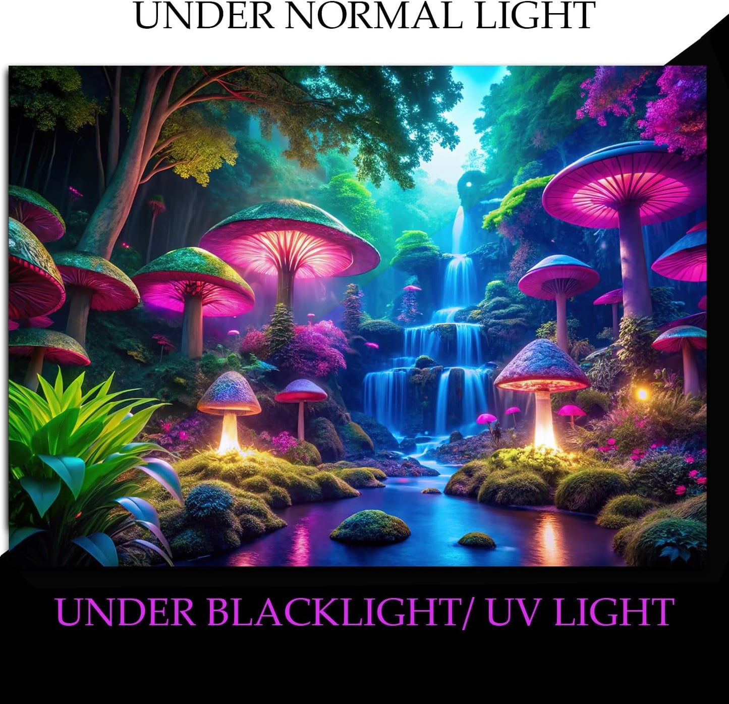 Miytal Blacklight Fantasy Mushroom Waterfall Tapestry – UV Reactive Neon Forest Wall Hanging, Glow in the Dark Nature Art Décor for Bedroom, Living Room - 59.1" x 80"