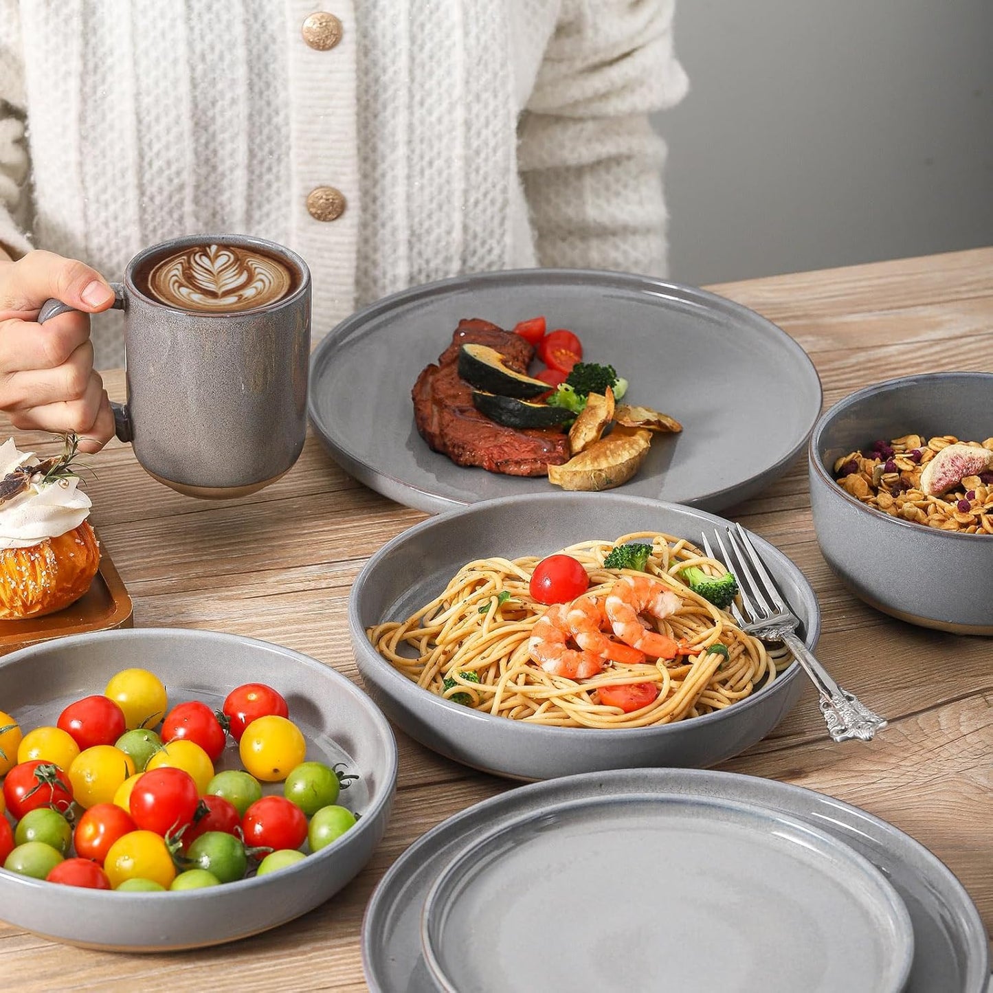 Pasta Bowls 26 OZ,Ceramic Salad Serving Bowls Set of 4,Large 8.2 inch Shallow Bowls Plates for Soup,Fruit,Noodle,Dinner,Dishwasher & Microwave Safe,Gray