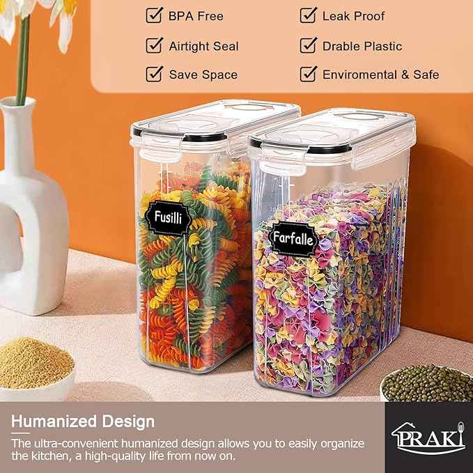 PRAKI 5PCS Cereal Containers Storage Set, BPA Free Airtight Food Storage Container Set with Lids, Kitchen Pantry Organization and Storage for Sugar, Baking Supplies with 20 Labels & Mark(4L Black)