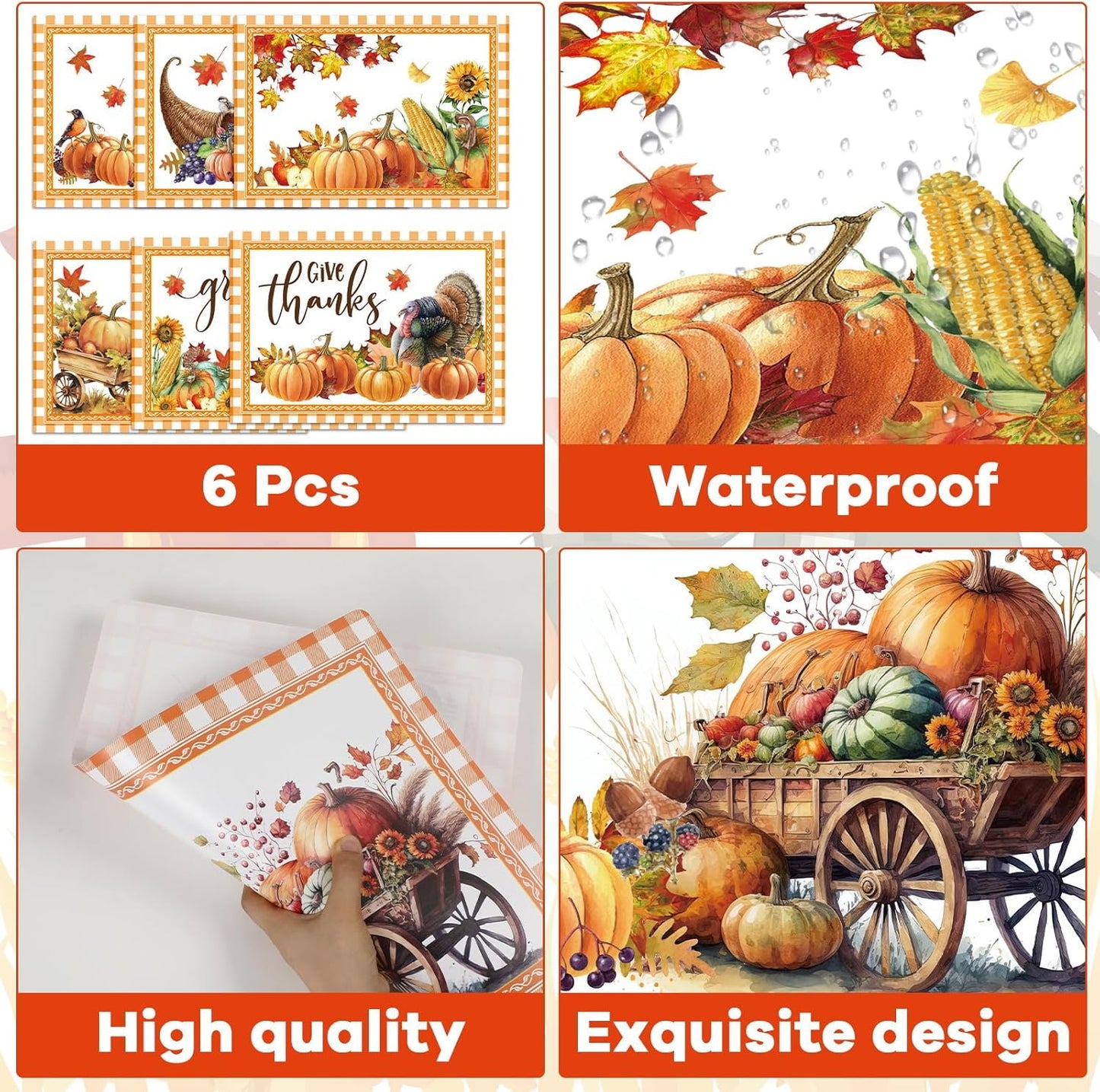 Thanksgiving Placemats Set of 6 Thanksgiving Day Plastic Table Mats Welcome Fall Place Mats Washable Vinyl Rustic Holiday Table Decoration for Indoor Outdoor Autumn Party Kitchen Dining
