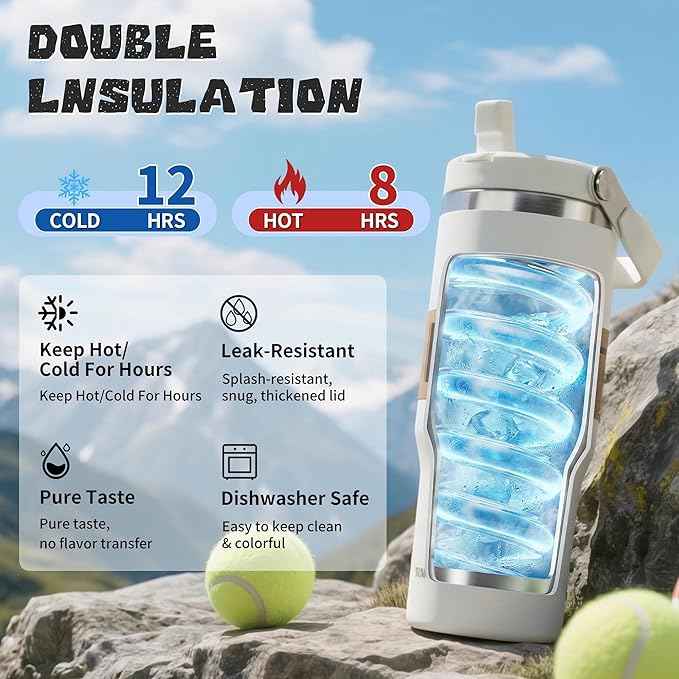 30oz Flip Straw Insulated Water Bottle with Handle, Leak Proof Stainless Steel Travel Coffee Mug, Double Wall Vacuum Tumbler for Cold Drinks, Gym Office Travel Essentials