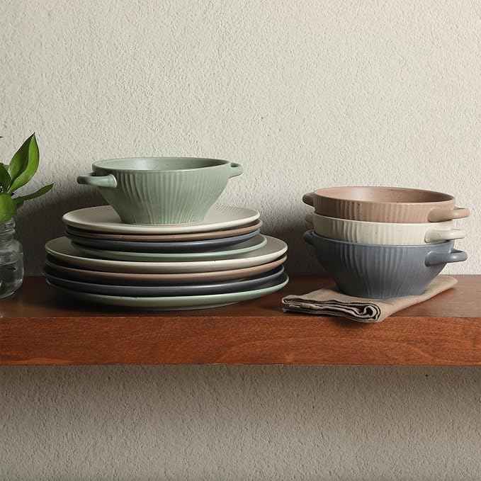 Gibson Elite Clover Hill 12-Piece Stoneware Dinnerware Set – Assorted Colors in Sage Green, Charcoal, Taupe & Cream – Embossed Reactive Glaze Plates & Bowls, Microwave & Dishwasher Safe, Service for 4