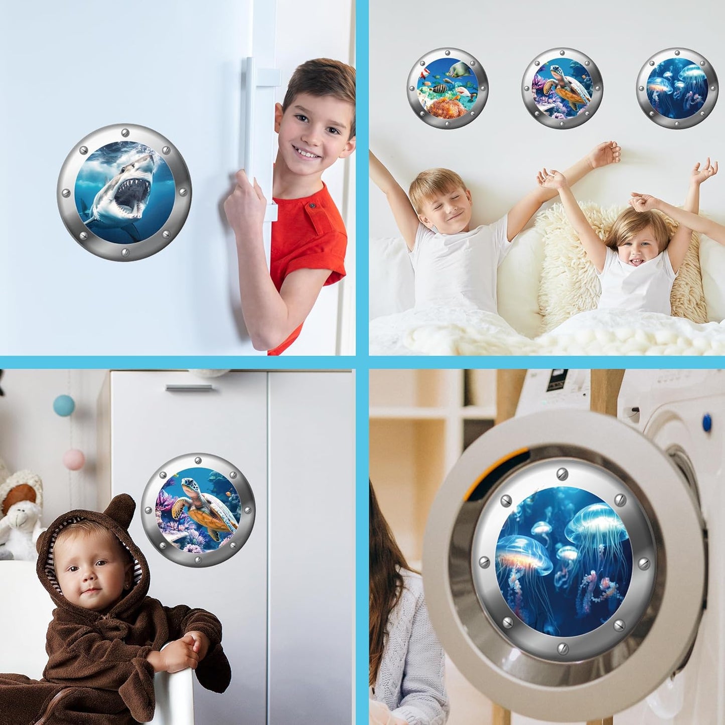 3D Ocean Animals World Wall Stickers Glow in The Dark, 4 Pcs Sharks Turtles Jellyfishs Removable Decals for Kids, Vinyl Stickers for Ceiling (Blue)