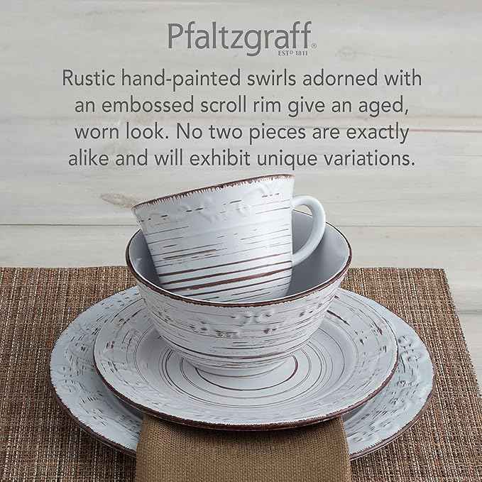 Pfaltzgraff Trellis White 16-Piece Stoneware Dinnerware Set, Service for 4, Distressed White Finish, Microwave & Dishwasher Safe Plates and Bowls
