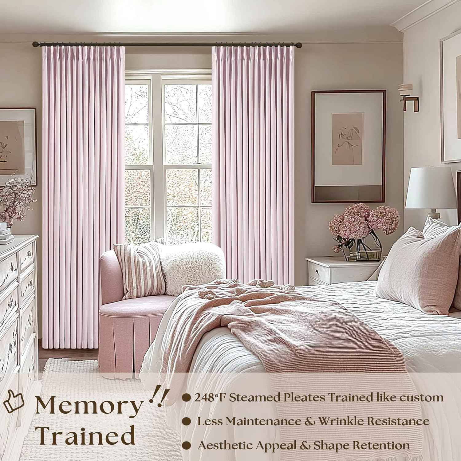 Pale Pink Linen Pinch Pleated Curtains 90 Inches Long Complete Blackout for Girls Bedroom Funky Cute Window Curtains Noise Heat Blocking Heavy Insulated Drapes Baby Pink Dusty Blush for Nursery
