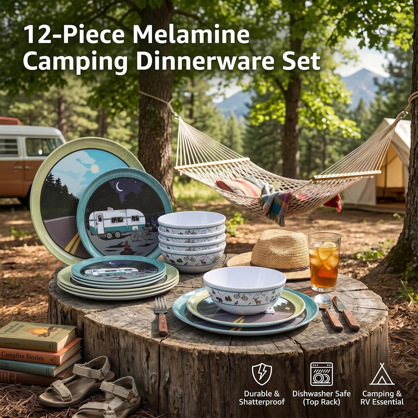 12-Piece Melamine Dinnerware Set, Lightweight Unbreakable Plates and Bowls Set, Outdoor Camping Dishes – Perfect for RV, Picnic, Backpacking, Patio,Getaways (Service for 4)