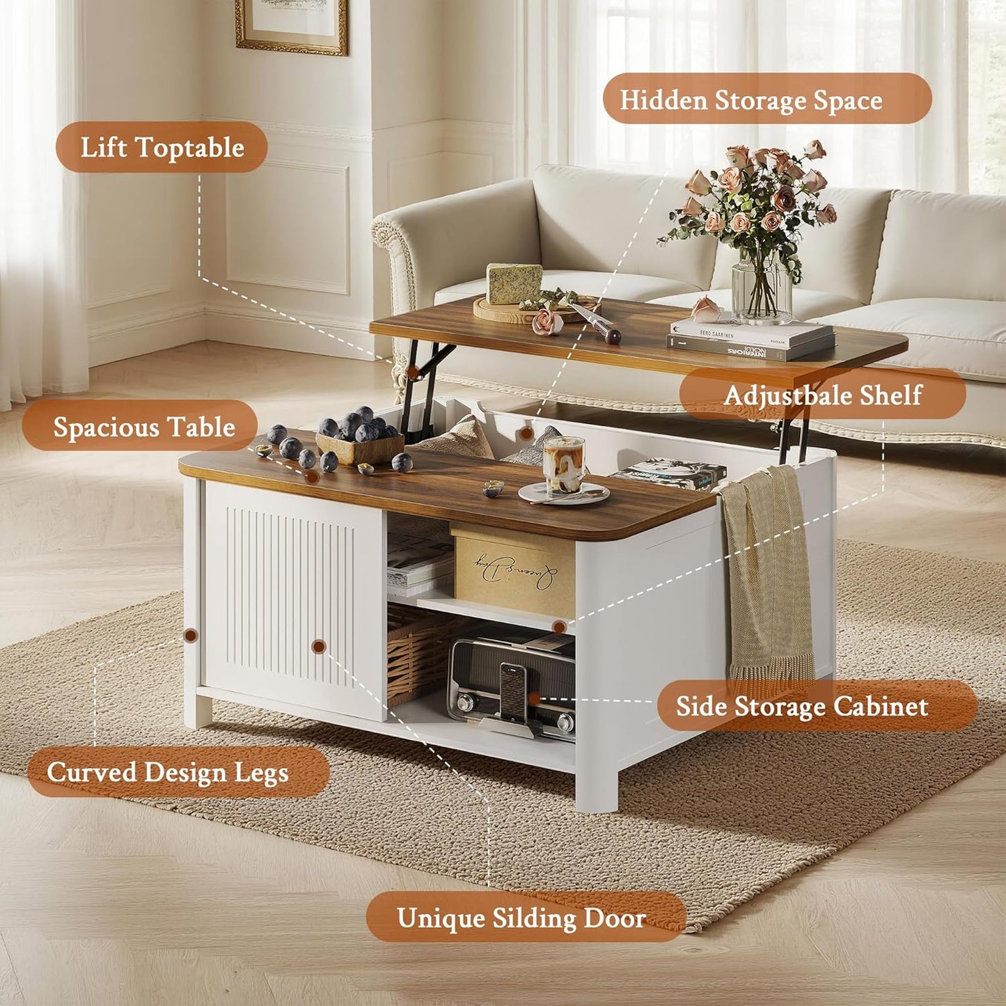 Decofy Lift Top Coffee Table with Storage Mid Century Modern Square Coffee Tables for Living Room, Large Hidden Storage Compartment, Adjustable Shelves & Sliding Door