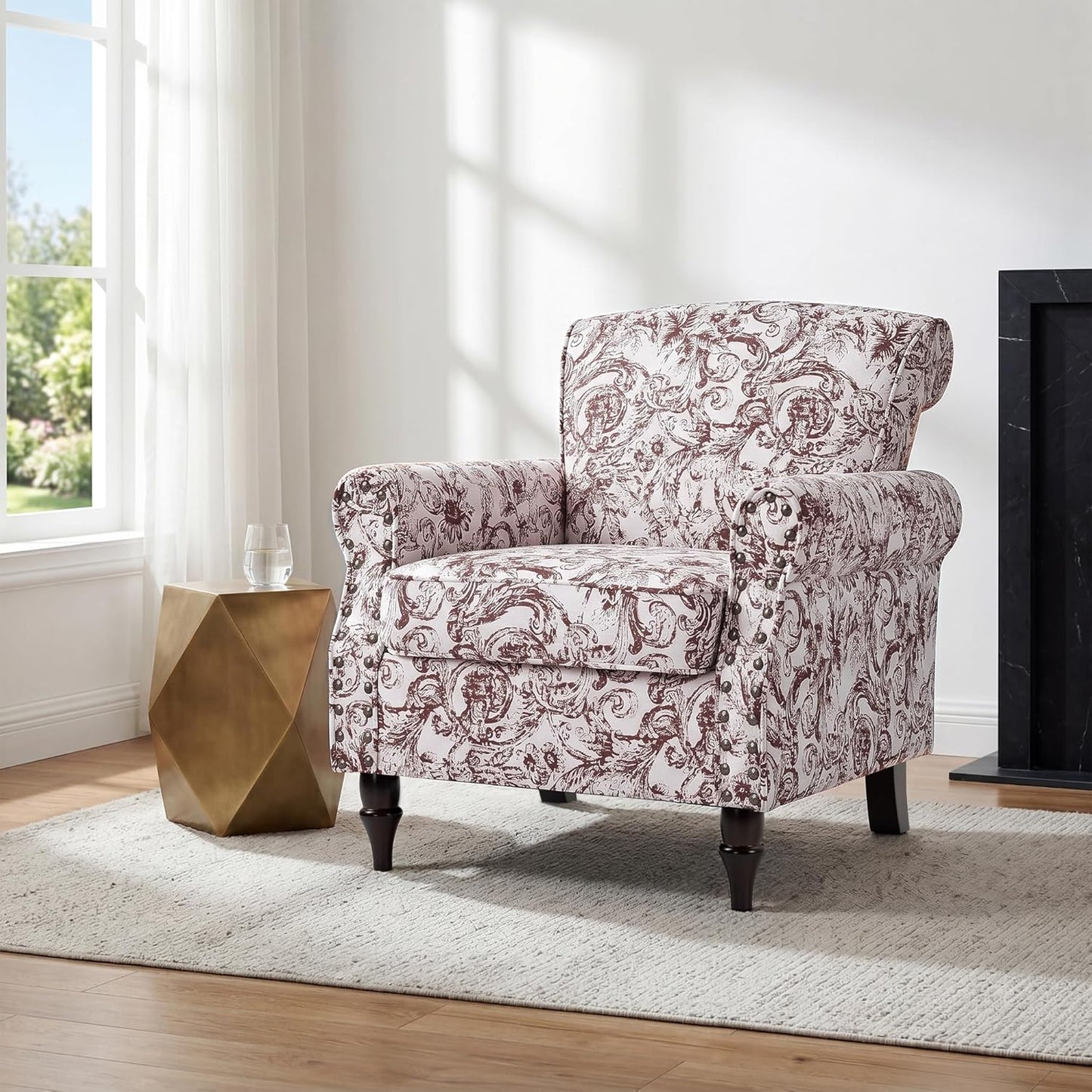 Accent Chair, Upholstered High Back Floral Armchair with Nailhead Trim & Wood Legs, Comfy Wingback Reading Single Sofa Chair for Small Spaces, Living Room, Bedroom (Rococo Black, Set of 1)