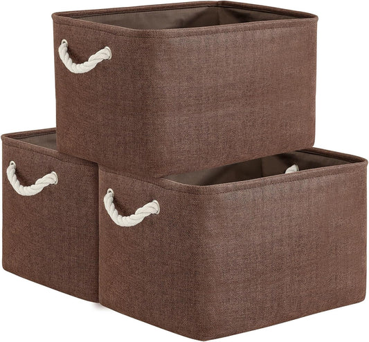 TheWarmHome Organization and Storage Basket for Shelves - 3 Pack 16x12x12 inch Fabric Storage Cubes, Cube Storage Bin for Organizing Closet Cloth Organizer Gift Toy (White & Brown)